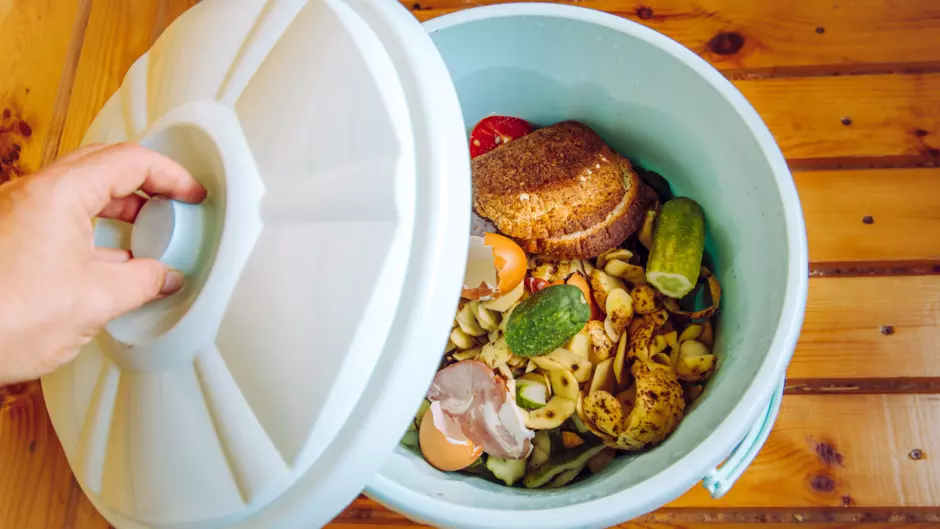 Balde de lixo com restos de comida